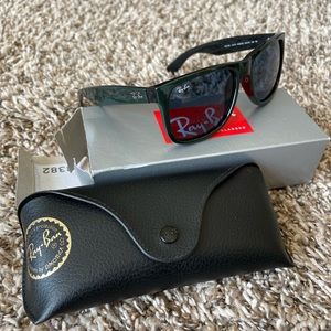 RayBan sunglasses. Metallic green frame with dark blue lenses. Never worn.